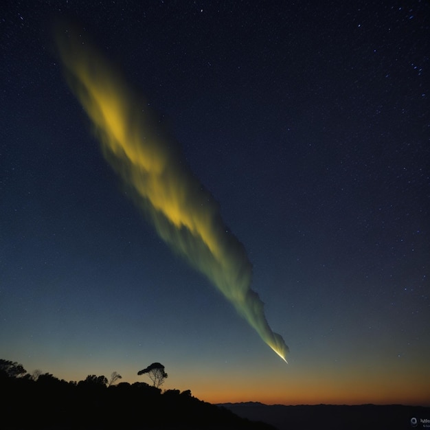 光り輝く彗星が夜空に縞模様を描き、その後ろには光と塵が尾を引いています