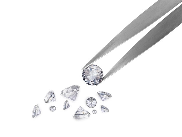 Brilliant cut diamond held by tweezers