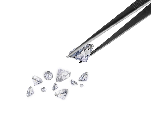 Brilliant cut diamond held by tweezers