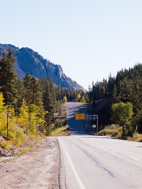 Brilliant fall colors adorn a country road in Colorado.