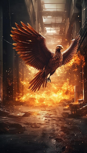 Блестящий огненный феникс лицом вперед летит в брутальной среде. Фото, созданное AI.