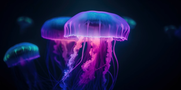 魅惑的な水中シーンの鮮やかな蛍光クラゲ Generative AI
