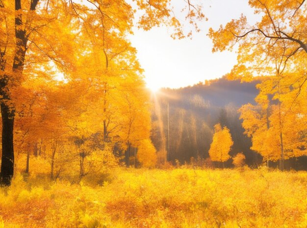 A brilliant golden yellow sky illuminates a vibrant autumnal forest