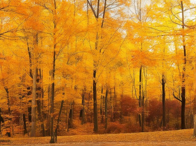 A brilliant golden yellow sky illuminates a vibrant autumnal forest