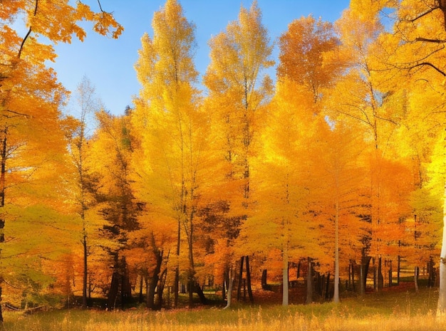 A brilliant golden yellow sky illuminates a vibrant autumnal forest