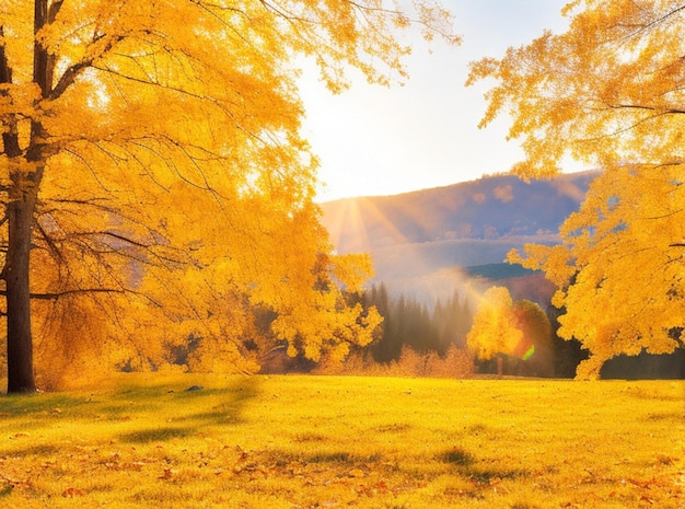 A brilliant golden yellow sky illuminates a vibrant autumnal forest