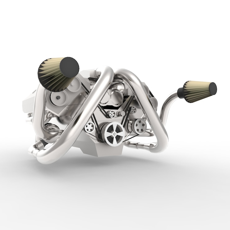 Фотография великолепный большой автомобильный двигатель v8 с турбонаддувом. 3d-рендеринг.