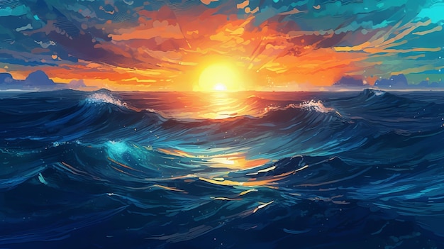 Brilliant Ocean with Sun Reflections Illustration AI Generated