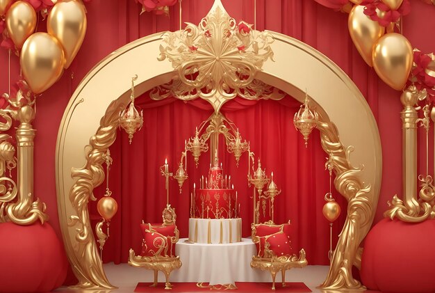 Foto una festa brillante uno sfondo reale con motivi rossi e dorati per un compleanno elegante