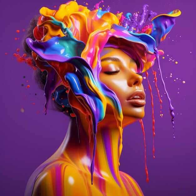 A brilliant sculpture of a lady adorned with colorful liquid paint on her face