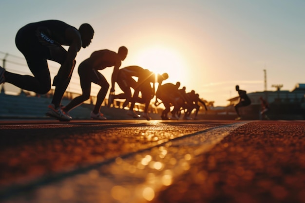 Блестящая команда бегунов тренируется на беговой дорожке при заходе солнца