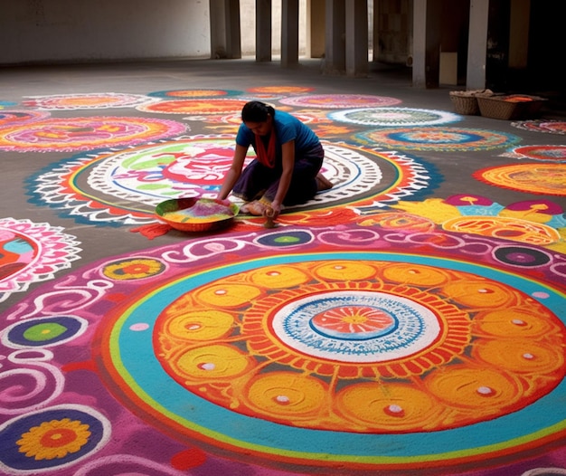 A brilliantly colorful display of rangoli designs