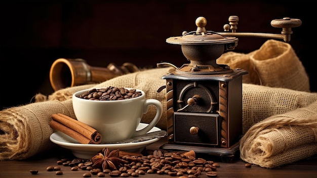 Винтажная кофемолка Brimming Cup и ароматные бобы, созданные с помощью генеративного ИИ