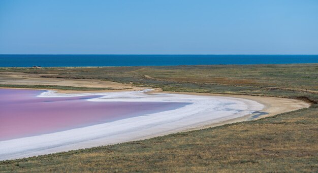 Brine and salt of a pink lake koyash colored by microalgae dunaliella salina famous for its