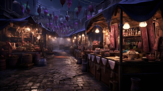 Bring to life a magical night market with mystical stalls offering wares that defy the laws