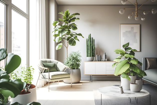 녹색 식물을 갖춘 모던하고 미니멀한 거실로 집에 생기를 불어넣으세요