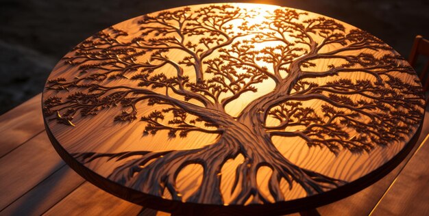 Фото Приведите природу в свой дом рустический деревянный стол под деревом, мягко освещенный солнечным светом