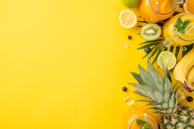 Foto porta un po' di sole al tuo marchio con questa elegante foto a piatto di limone arancione fresco e succo di banana ananas in barattoli di vetro disposti su uno sfondo giallo allegro