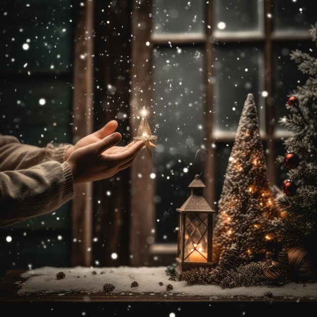 크리스마스 마법을 가져오는 손 크리스마스 나무에 별을 조심스럽게 놓는