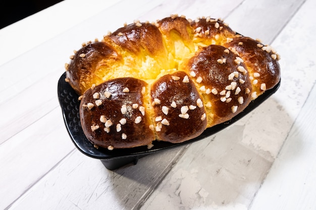 Brioche with butter and golden and crispy sugar just out of the oven