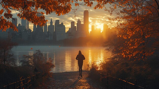 Photo a brisk morning jog in city park view wallpaper