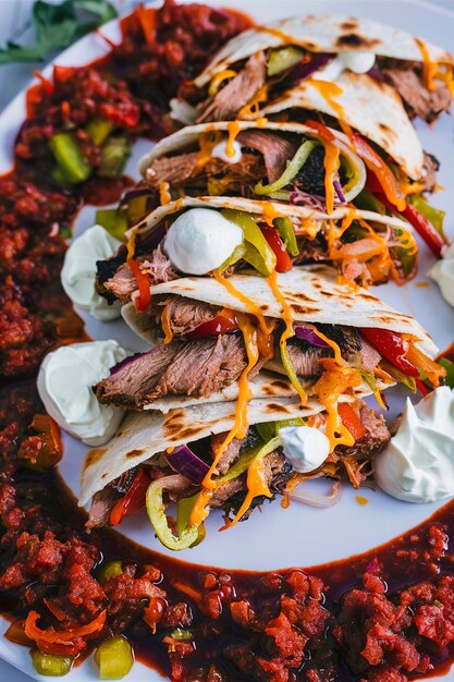 Brisket peppers and onions quesadillas cut on a plate served with sour cream and salsa