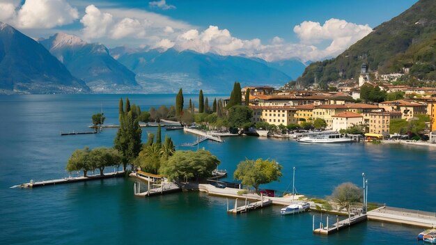 Brissago islands and branches on the alpine lake maggiore and mountains in ticino switzerland