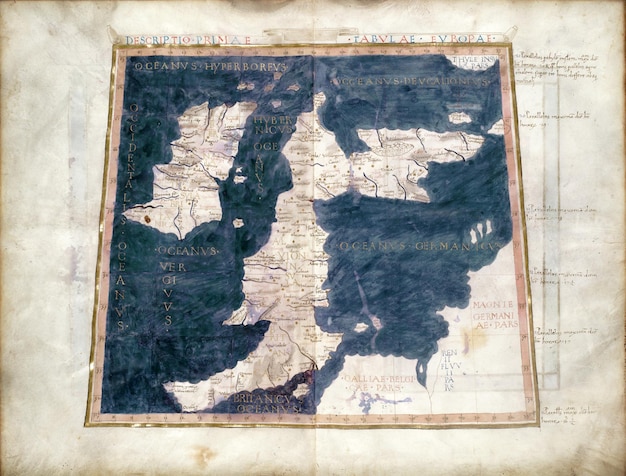 Photo britain old map from rare medieval book geography by claudius ptolemy published in 1480