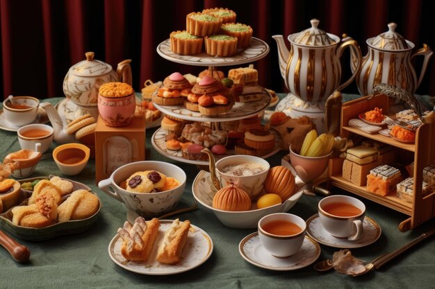 British afternoon tea set with teacups and pastries created with generative ai