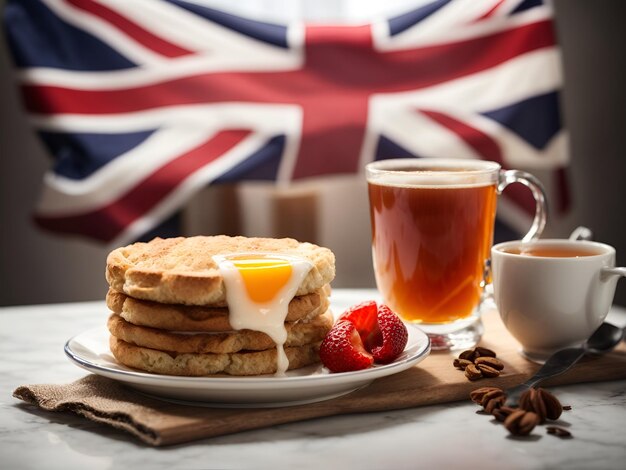 写真 イギリス国旗を背景にした朝食