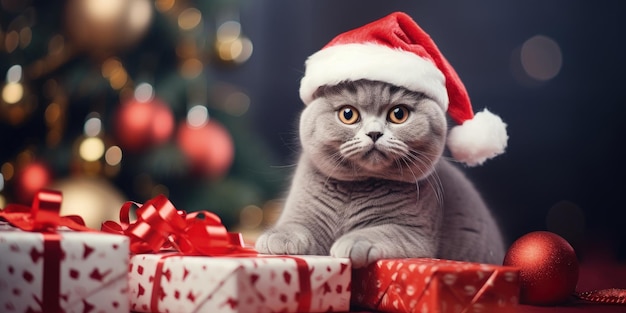 Photo a british breed cat in a red santa claus hat with gifts on the background of a festively decorated