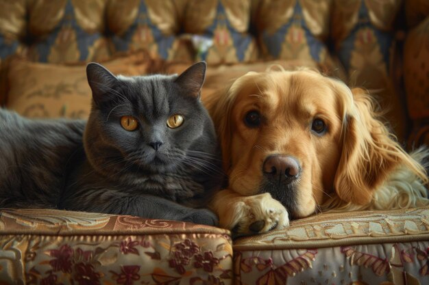 Photo british cat and golden retriever