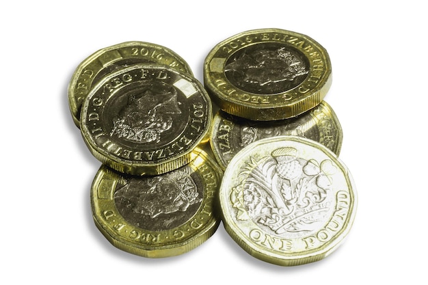 British currency the new one pounds coins isolate on white background