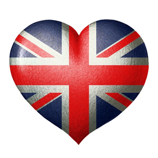 British flag in the shape of a heart Hand drawn texture Isolated on white background