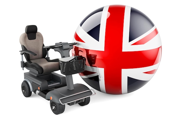 British flag with indoor powerchair or electric wheelchair 3D rendering isolated on white background