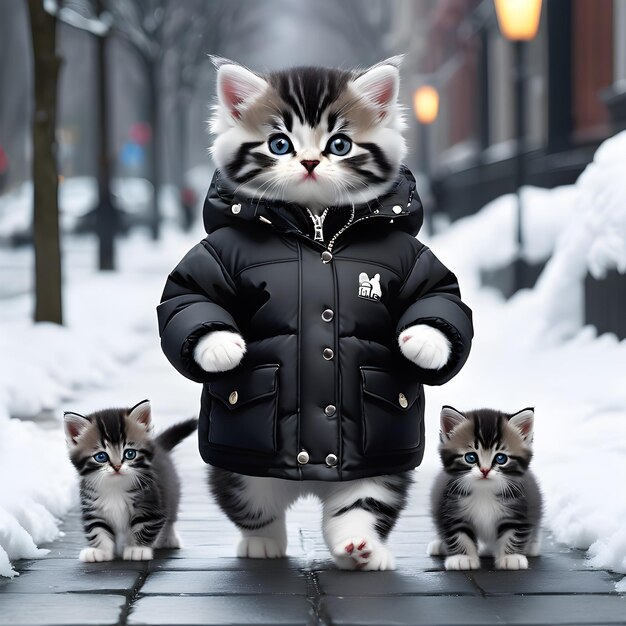 British kitten walks on two paws with his family in a stylish black down jacket in winter New York