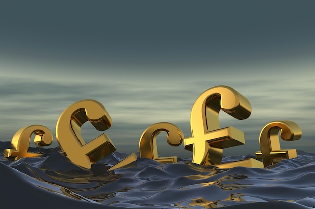 British pound sterling symbol at sea Drowning in debt financial problem concept 3D rendering