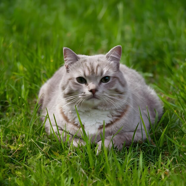 British Shorthair cat enjoys leisurely day on lush green grass For Social Media Post Size