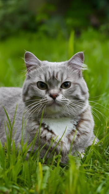British Shorthair cat enjoys leisurely day on lush green grass Vertical Mobile Wallpaper