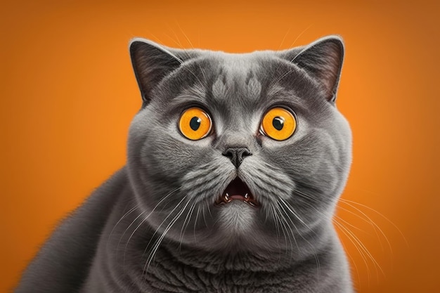 British shorthair cat funny face portrait with orange eyes looking surprised on orange background