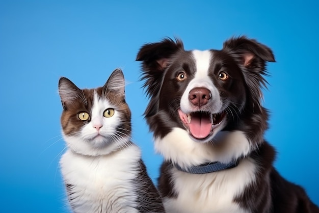 British Shorthair Cat Kitten and Border Collie Dog on Blue Background Created with Generative AI Too