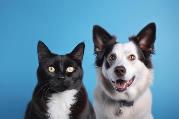 Котенок британской короткошерстной кошки и собака бордер-колли со счастливым выражением лица вместе на синем фоне обрамляют баннер, смотрящий в камеру