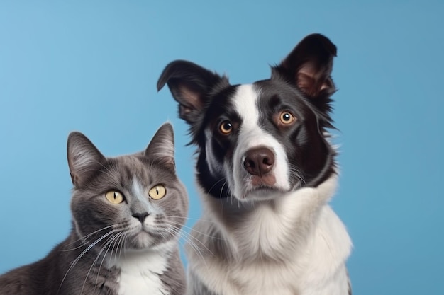 British shorthair cat kitten and a border collie dog with happy expression together on blue background banner framed looking at the camera