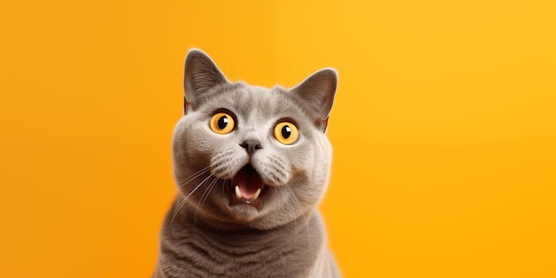 Фото Портрет британской короткошерстной кошки, выглядящей шокированной или удивленной на оранжевом фоне с пространством для копирования