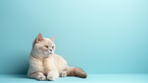浅い青いパステル色の背景の横でリラックスしているイギリスのショートヘアの猫