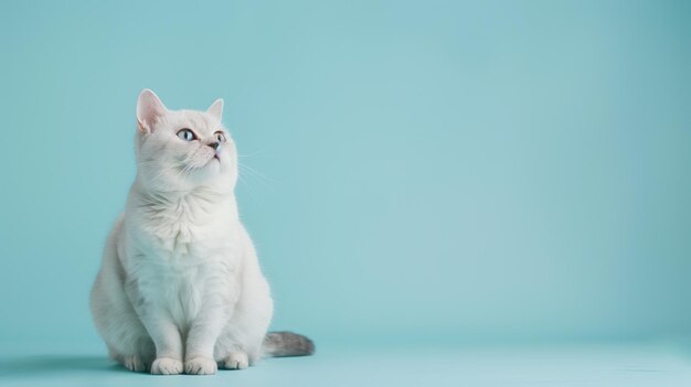 浅い青いパステル色の背景の横でリラックスしているイギリスのショートヘアの猫