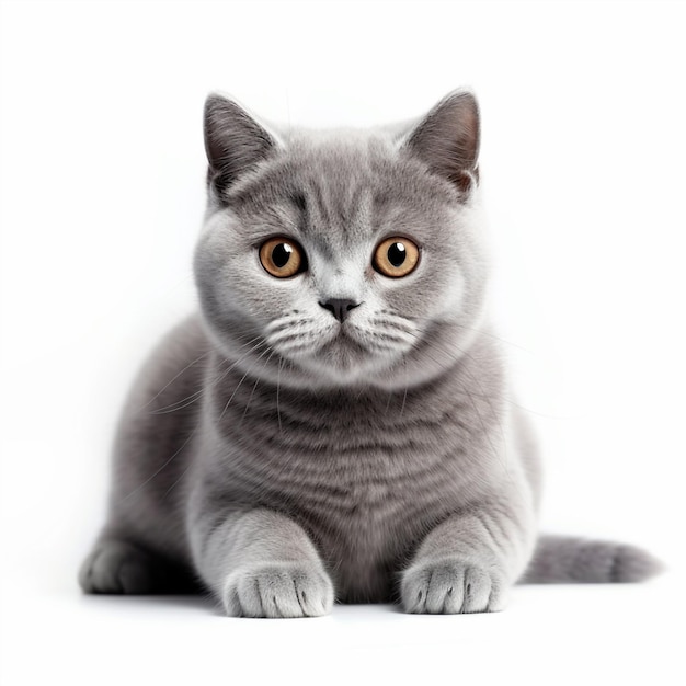 제너레이티브 AI 기술로 만든 흰색 배경에 앉아 있는 브리티시 쇼트헤어 고양이