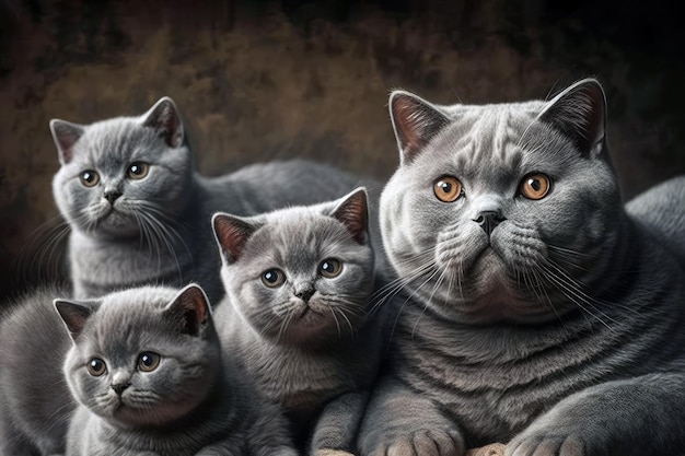 British Shorthair Cat With Four Pups Lying On The Floor Generative AI