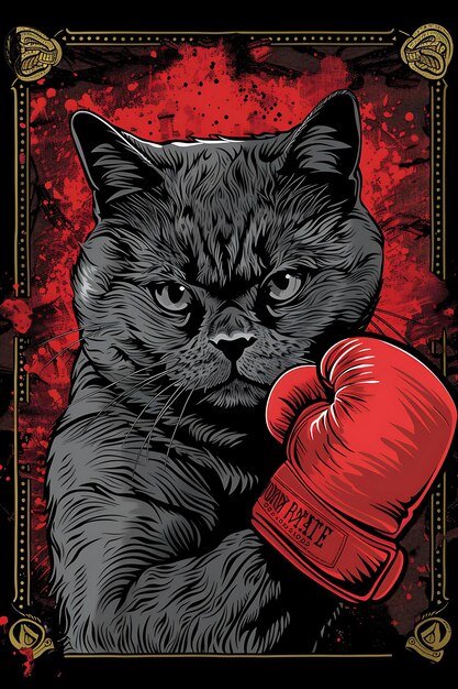 British Shorthair Cat With Pouncing Pose and Wearing a Boxin Frame Art Design Illustration Design