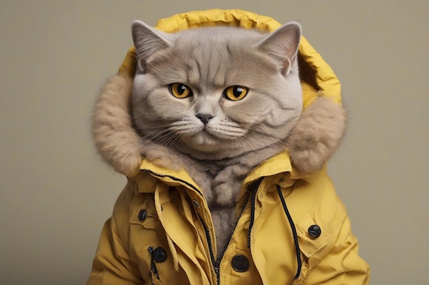 British Shorthair cat in a yellow raincoat on a gray background